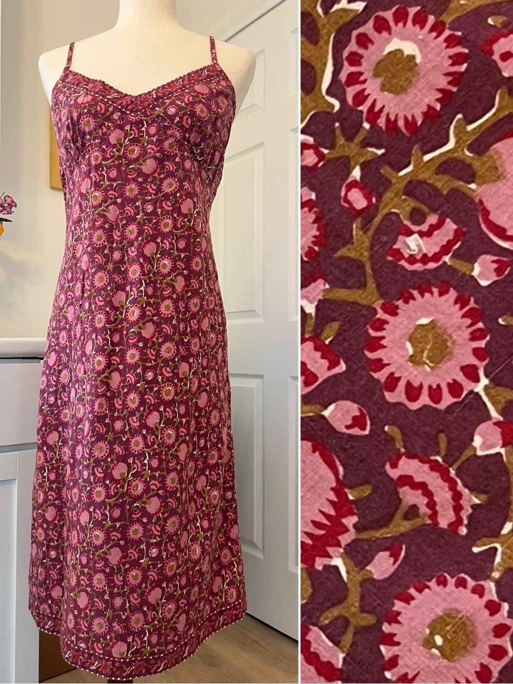 Vintage Adini Floral Print Burgundy Fuschia Cotton Shift Tank Midi Dress